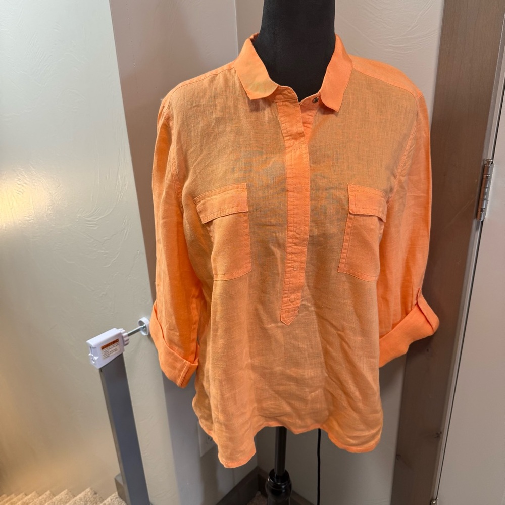 Chico's 100% Linen Popover Blouse Collared Apricot Orange Long‎ Sleeve Button L